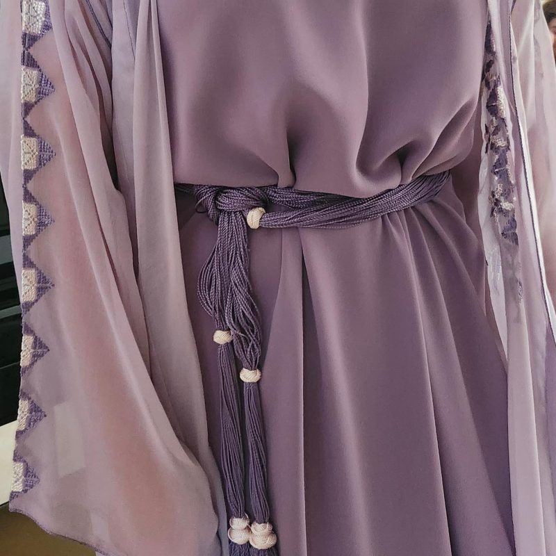 Modern Moroccan caftan with handcrafted Palestinian embroidery