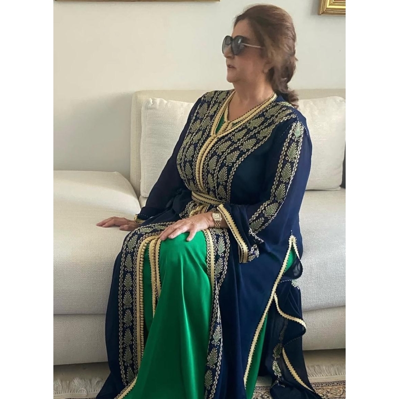 Moroccan caftan with handcrafted Palestinian embroidery