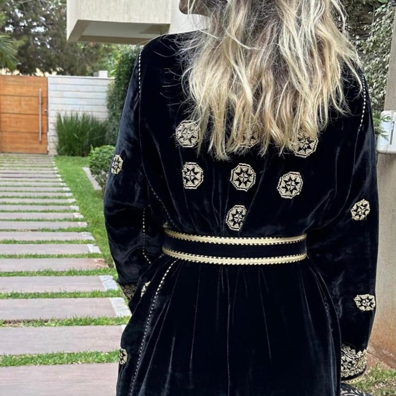 Moroccan Caftan with handcrafted Palestinian embroidery